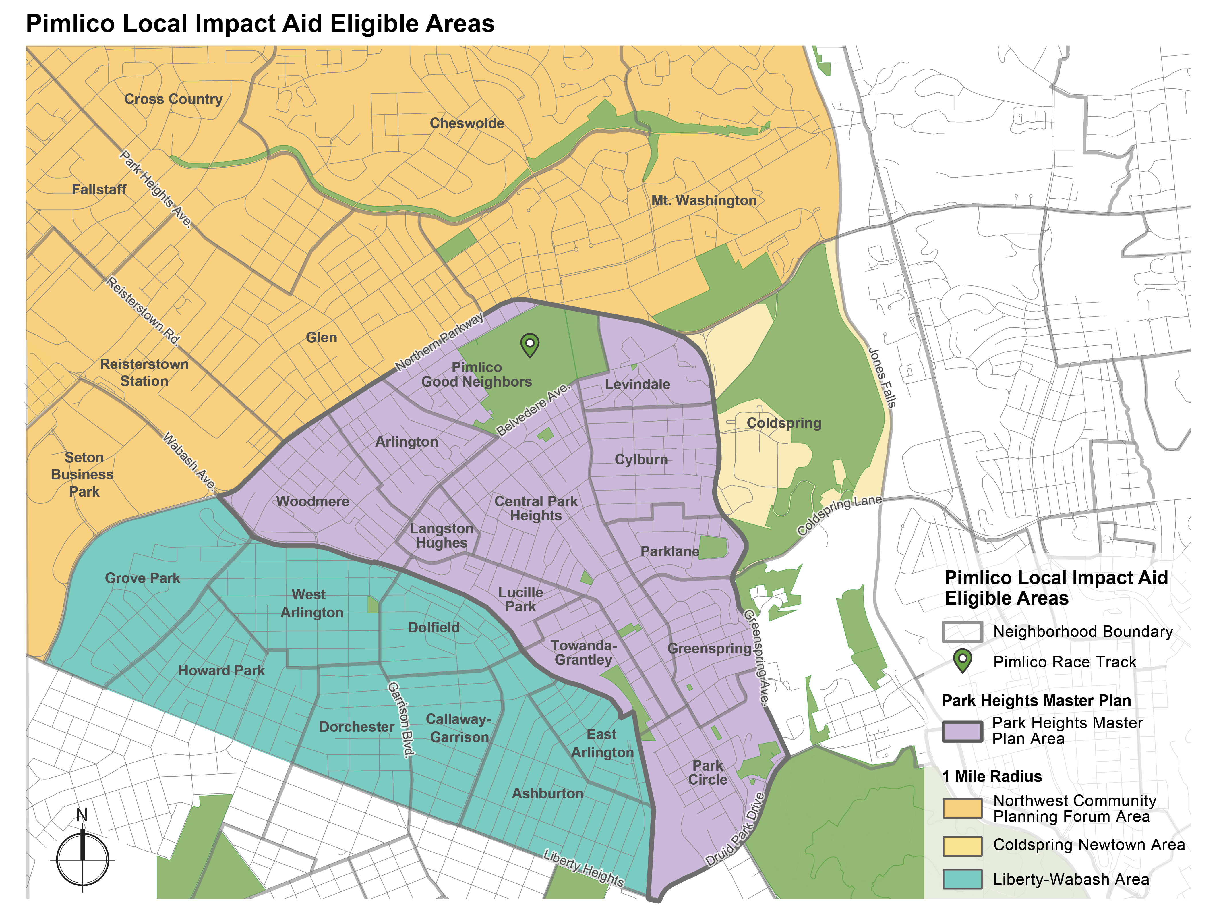 Map shows Park Heights and One Mile Radius neighborhoods