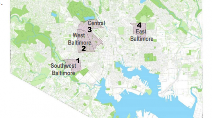 Map of Baltimore City showing four Focus Areas identified in Green Network Plan. These are numbered 1-Southwest Baltimore, 2-West Baltimore, 3-Central, and 4-East Baltimore.